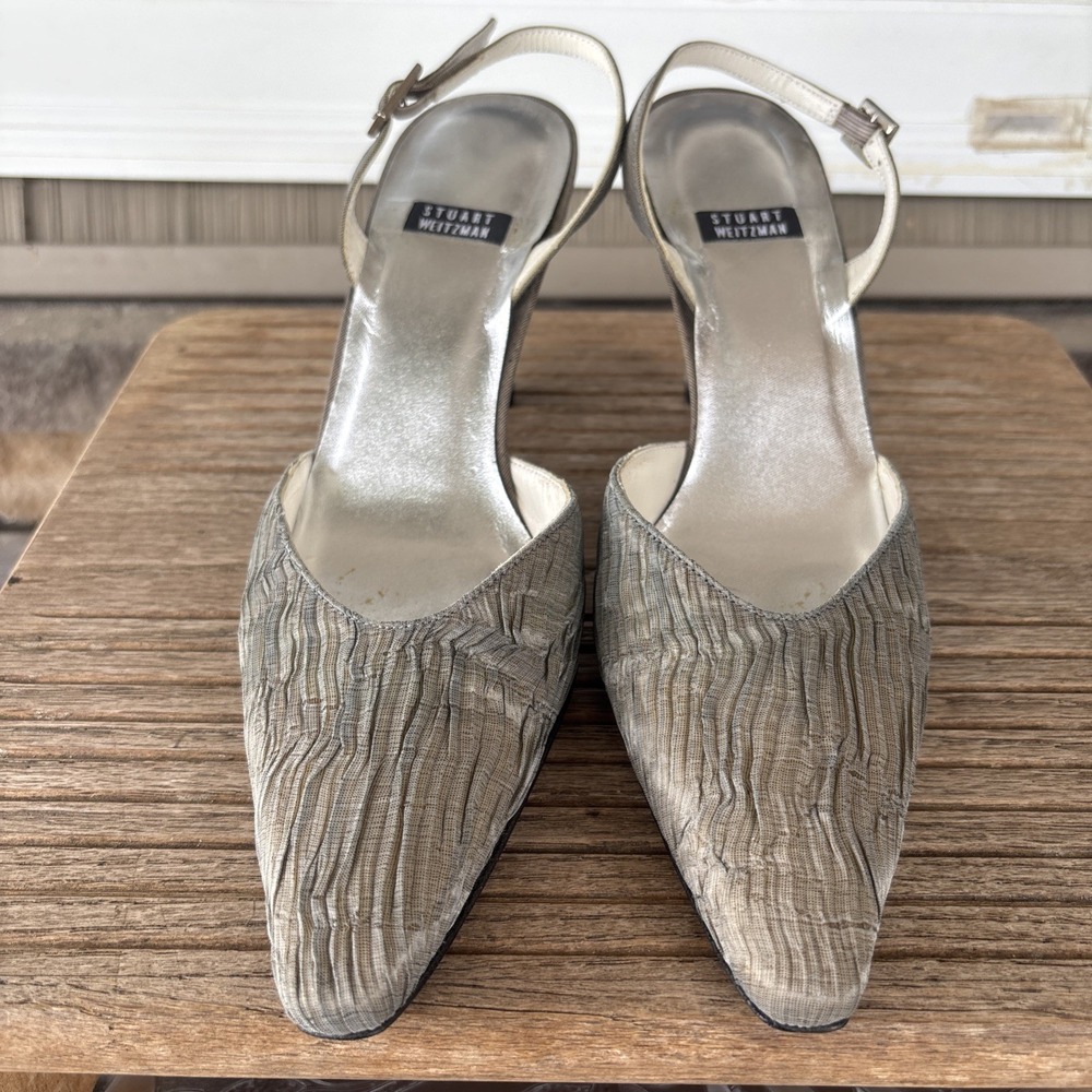 Stuart Weitzman Women's 6.5 B Silver Gray Pleated Silk Slingback Kitten Heels